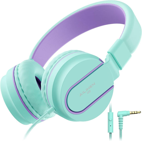 AILIHEN I35 Kids Headphones On-Ear for School, 93dB, 3.5mm Wired Mic for Chromebook, Laptop, Green/Purple