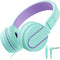 AILIHEN I35 Kids Headphones On-Ear for School, 93dB, 3.5mm Wired Mic for Chromebook, Laptop, Green/Purple