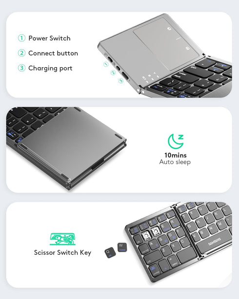 Samsers Multi-Device Foldable Bluetooth Keyboard with Touchpad, Portable Ultra Slim for Android Windows iOS