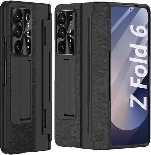 Rugged PU Leather Protective Phone Case for Samsung Galaxy Z Fold 6 with Screen Protector, Hinge Protection, Camera