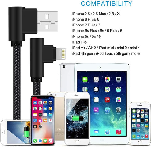 MFi Certified iPhone Charger 3 Pack - 3ft Right Angle Nylon Braided Lightning Cable for iPhone 13, 12, 11, Pro, X, XS,
