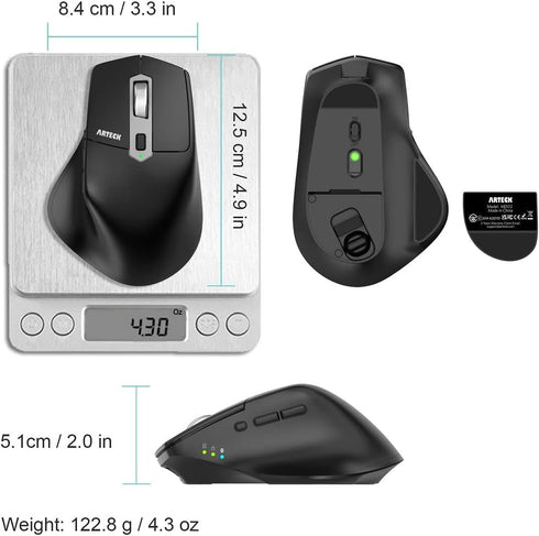 Arteck Multi-Device Wireless Bluetooth Mouse, Ergonomic Right Hand Silent Clicking Rechargeable Mouse for Computer,