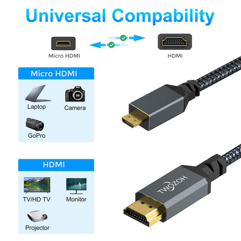 Twozoh 4K 1FT, 3D 4K/60Hz 1080p Micro HDMI to HDMI Cable Short High-Speed Full HDMI to Micro HDMI Braided Cord Support