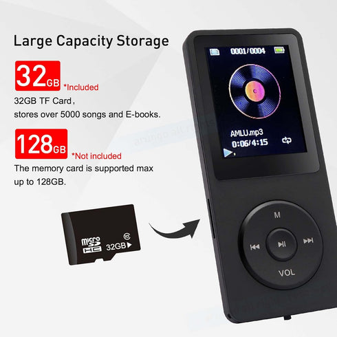 MP3 Player 32GB with Voice Recorder, Speaker, Earphone, Portable HiFi Sound, E-Book, Supports 128GB