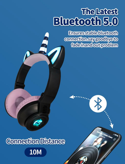 Unicorn Bluetooth Headphones for Girls, Foldable Light Up Kids Wireless Headphones for Toddlers, Birthday Gifts (Black)
