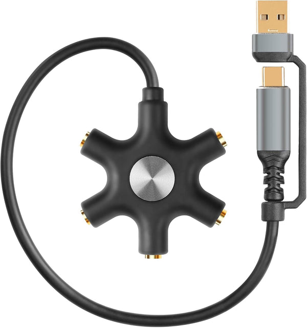 GINTOOYUN USB A/C Male to 5-Port 3.5mm Female Headphone Audio Splitter, 1 Male and 5 Female Jack Separator