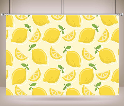 CORFOTO 7x5ft Summer Fabric Lemon Pattern Backdrop Yellow Lemons Slices Green Leaves Citrus Pattern Photography