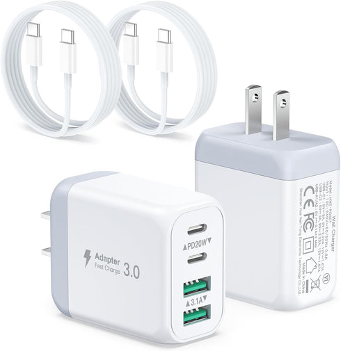 USB C Fast Charger for iPhone 15/15 Pro Max, 2 Pack 40W 4-Port USB C Charger Block Power Adapter with 6ft USB C Cable