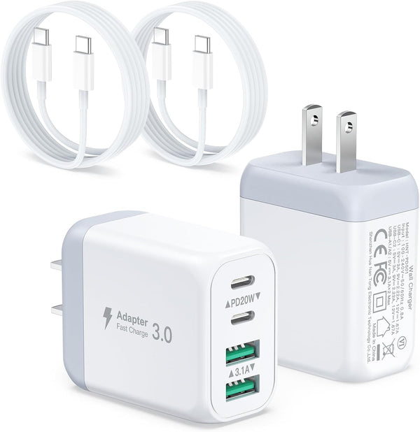 USB C Fast Charger for iPhone 15/15 Pro Max, 2 Pack 40W 4-Port USB C Charger Block Power Adapter with 6ft USB C Cable