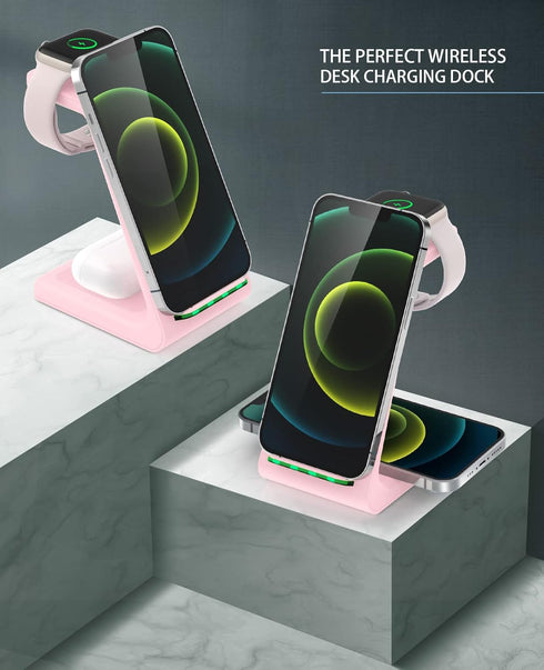 Wireless Charging Station - 3 in 1 Fast Desk Charger for iPhone 15/14/13/12/11 Pro Max/X/Xs Max, AirPods, iWatch (pink)