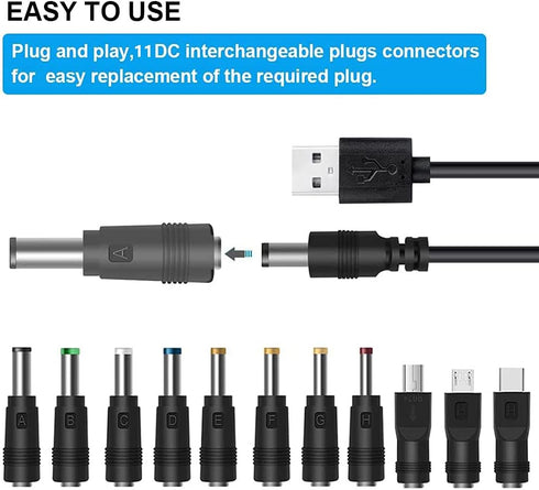 GutReise Universal 12V Car Charger (Max 10A) + 5V DC Power Cable with 11 Connectors for Various Devices