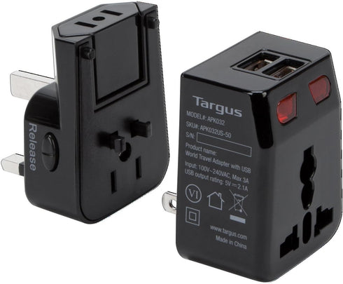 Targus World Travel Power Adapter with Dual USB Charging Ports for Laptop, Phone, Tablet