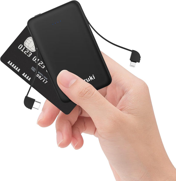 Smallest Portable Charger with Built-in Cables, 6000mAh Ultra Slim Power Bank, Lightweight USB C Phone Charger, Black