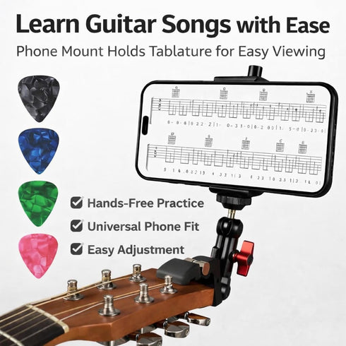 Generic 5 Guitar Head Phone Holder Mount with Picks, Universal Clip-On Smartphone Stand for Guitar & Ukulele