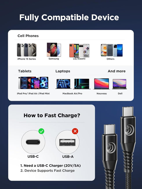 USB C to USB C Cable 100W 6FT 2Pack, USBC to USBC Fast Charging Cable for iPhone 15/15 Pro/15 Plus, iPad Pro