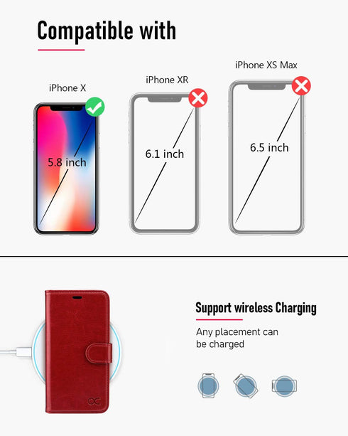 OCASE Phone X Wallet Case - Red, Leather Flip Wallet Cover with Card Slot, Kickstand, Wireless Charging, Phone 10 Case