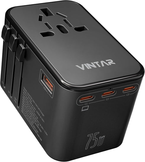 VINTAR 75W GaN Universal Travel Adapter with 3 USB C PD and 2 USB A QC, All in One Travel Essentials for Worldwide Use