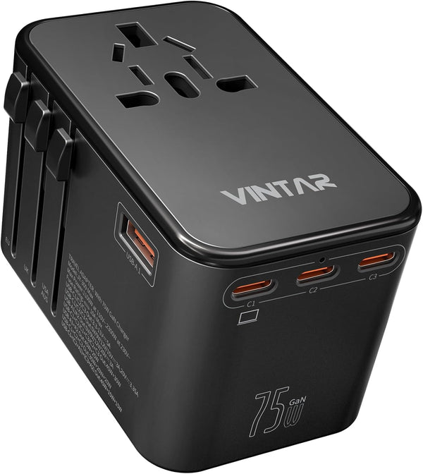 VINTAR 75W GaN Universal Travel Adapter with 3 USB C PD and 2 USB A QC, All in One Travel Essentials for Worldwide Use