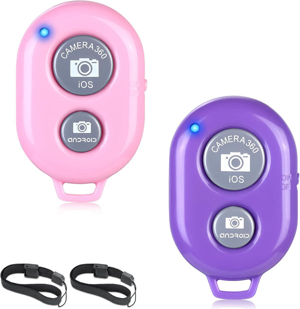2 Pack Wireless Camera Remote Control for iPhone & Android Phones, Clicker for Photos & Videos - Pink & Purple