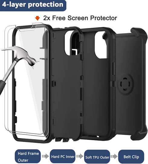 RubCase 13 2 13 for iPhone Case with Belt Clip Holster, x Screen Protector, Heavy Duty Military Grade Full Body