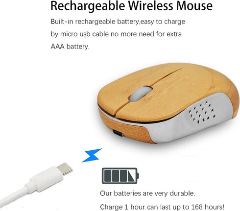 Icemouse Wireless Computer Mouse, Rechargeable Bamboo 2.4GHz Optical Silent Mouse with USB Receiver and 4 Adjustable