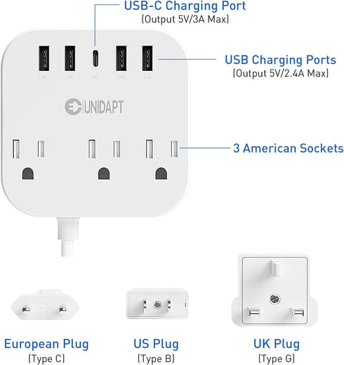 European Plug Adapter, Unidapt US to UK Europe Power Strip for EU/UK/US with USB C and 4 USB Ports, 3 AC Outlets, Wall Mountable, 5ft Extension Cord, for Travel Cruise Ship Home