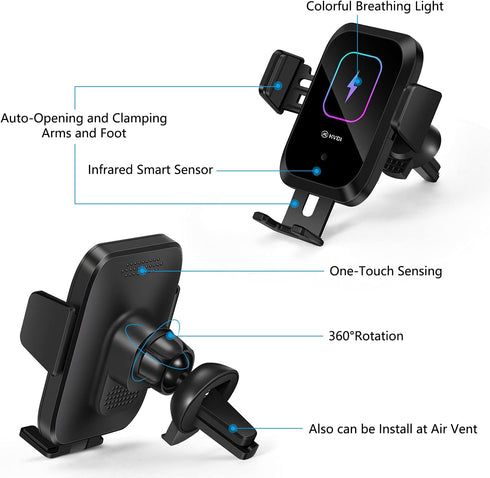 Wireless Car Charger Cup Holder Phone Mount, Qi 15W Fast Charging, Automatic Infrared Smart Sensor Clamping