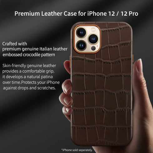 Genuine Cowhide Leather Case for iPhone 12/iPhone 12 Pro - Embossed Crocodile Pattern - Built-in Magnets for MagSafe