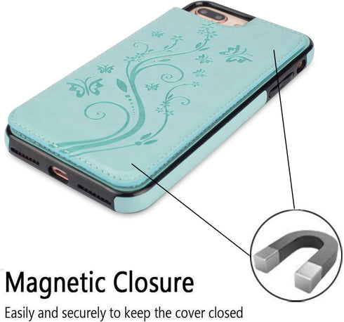 UEEBAI Case for iPhone XR, Luxury PU Leather Case with Card Slots, Stand Function, Butterfly Flower Pattern, Mint Green