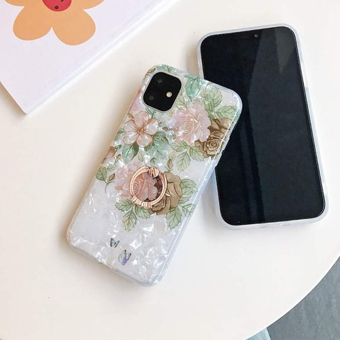 Qokey Compatible iPhone 11 Case, Floral Clear Flower Design with 360 Rotating Ring Stand, Brown Flower