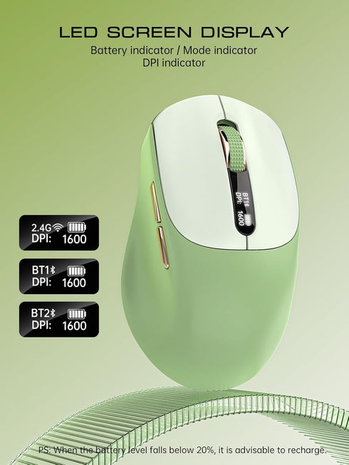 XISOGUU 5.0/4.0 2.4G Wireless Bluetooth Mouse, Bluetooth & Tri-Mode, Type-C Rechargeable with LED Screen Display