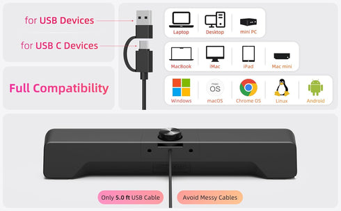 XKX Computer Speakers Soundbar for Desktop PC Mac, USB Plug-in, Wired, External Speakers for Laptop Desk Monitor, RGB