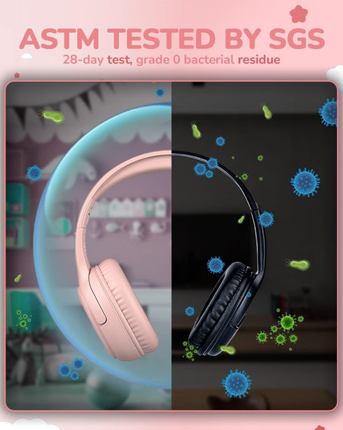 Kids Headphones with Microphone, Foldable Stereo Tangle-Free Wired Cord On-Ear Headset for Children/Teens, Pink
