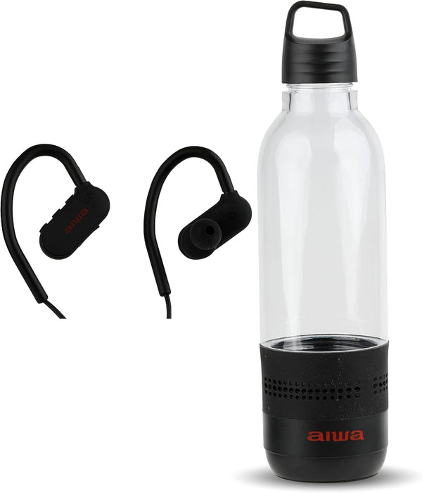 AIWA Water Bottle with Speaker and Earphone Bundle, 400ml Bottle with 4 Hour Playtime, Black