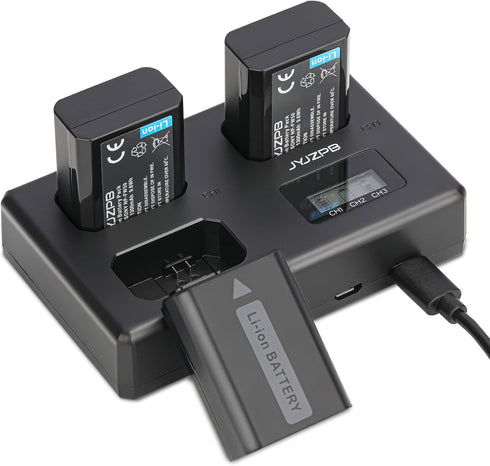 JYJZPB NP-FW50 Battery 3-Pack with Upgraded Triple Slot LCD Charger, Compatible for Sony ZV-E10, Alpha A6000 Series