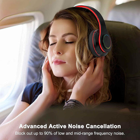 Bluetooth Over Ear Headphones, Foldable LED Stereo Headset with Built-in Microphone, Noise-Cancelling for