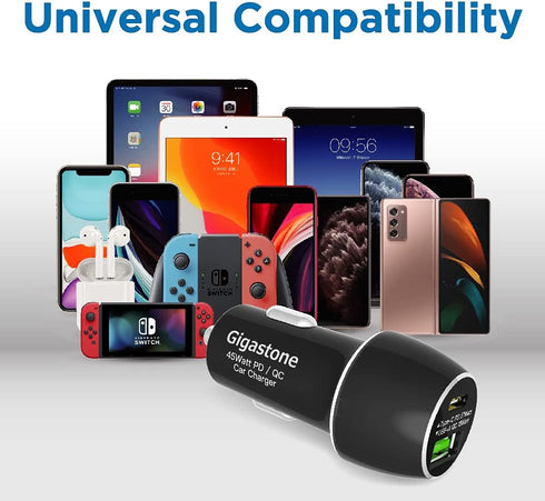 Gigastone 45W/6A Fast USB C Car Charger Adapter, PD3.0 & QC3.0, Dual Port, Super Mini, Compatible with iPhone