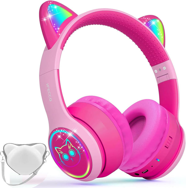 IFECCO Kids Bluetooth Headphones with Microphone, Cute Light Up Cat Ear Wireless Volume-limiting for Travel
