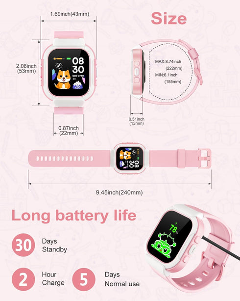 Smart Watch for Kids, Fitness Tracker with Pedometer, Heart Rate Monitor, Sleep Tracker, IP68 Waterproof, Kids Gift Pink