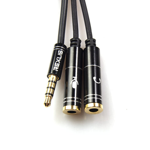 REXUS Black 3.5mm Y Splitter Stereo Audio Cable, 4-Pole Male to 2 Female for Headphone, Compatible with Mobile Phone