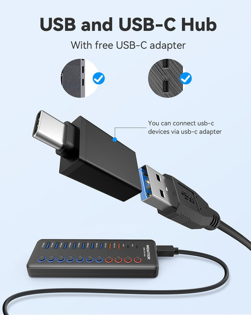 Wenter Powered USB 3.0 Hub, 48W 11-Port USB Hub Splitter with 7 Data Transfer Ports and 4 QC Charging Ports