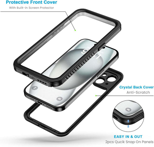 Lanhiem iPhone 15 Plus Case - 360 Full Body Waterproof, Dustproof, Shockproof with Built-in Screen Protector (Black)