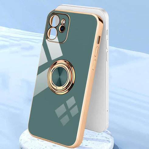 iPhone 11 Phone Case with 360° Rotatable Finger Ring Holder, Magnetic Shiny Gold Plated Edge, Shockproof Soft TPU