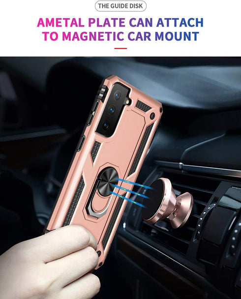 Samsung Galaxy S21 Plus Case 5G Military Grade Heavy Duty Armor Shockproof with Metal Rotating Ring Kickstand (Rose