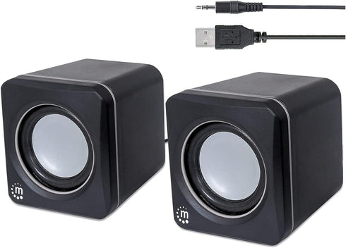 MANHATTAN USB Powered Stereo Speaker System - Small Size with Volume Control & 3.5mm Audio Plug, Black Silver
