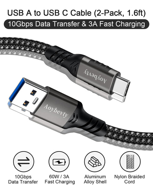 USB A to USB C Cable (2 Pack 1.6FT), USB 3.1/3.2 10Gbps Data Transfer and 60W 3A Fast Charging Cable for Samsung Galaxy External SSD and Other Type C Phone Laptop PC Devices