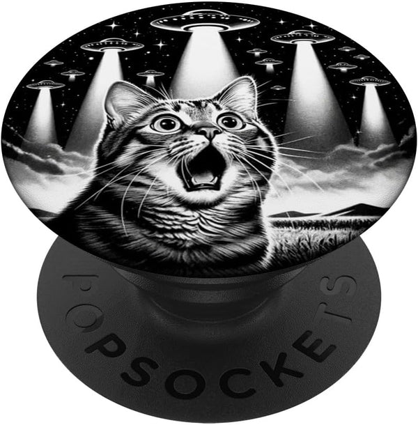Cat UFO Funny Invasion Meme Retro Alien Selfie PopSockets Standard PopGrip