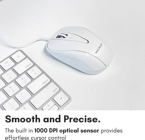 Macally USB Wired Mouse - 3 Button, Scroll Wheel, 5 Foot Long Cord, Compatible with Apple and Windows