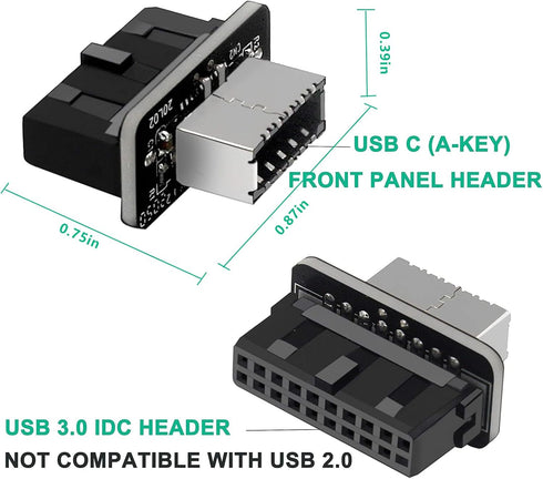 USB Front Panel Adapter, JoyReken Vertical USB C Header Adapter, USB 3.1 Type-E Key-A to USB 3.0 20Pin Header Converter for Type C Motherboard by JoyReken