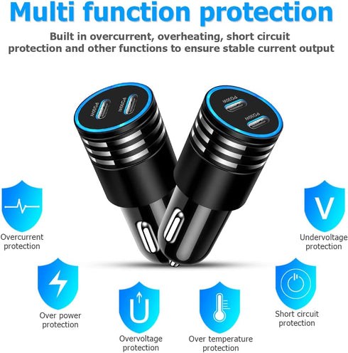 2Pack 60W USB Car Charger, Fast Charging Cigarette Lighter Adapter with 2 Ports, Type C Mini Car Charger for iPhone